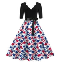 Гдфун Женска Мода Денот На Независноста Печатени V Вратот Седум Четвртина Ракав Фустан Со појас жени фустан