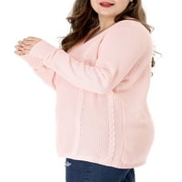 Women'sенски плус големина v кабел за вратот плетен џемпер со долг ракав