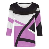 Женска Мода Печатена Лабава Маица Ракави со Средна должина Блуза Тркалезни Врвови На Вратот Виолетова С