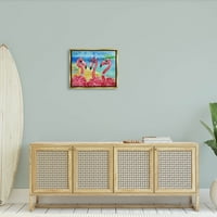 Студените индустрии Фламинго пријатели тропски островски крајбрежен графички уметност металик злато лебдечки врамени платно