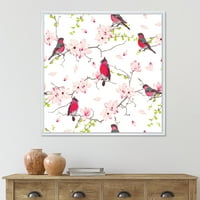 DesignArt 'Red Bullfinches што седат на магнолија дрво' Традиционално врамено платно wallидна уметност печатење