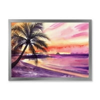 DesignArt 'Виолетова и розова палма плажа зајдисонце' Наутички и крајбрежен врамен уметнички принт